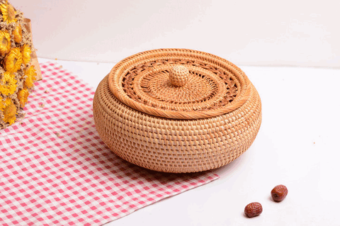 Woven Storage Basket with Lid, Rattan Round Storage Basket, Storage Basket for Kitchen, Picnic Storage Basket-Art Painting Canvas