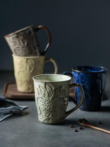 Green Ceramic Coffee Mug, Birthday Gifts, Stoneware Coffee Mugs, Handmade Pottery Coffee Mug, Large Capacity Coffee Cups-Art Painting Canvas