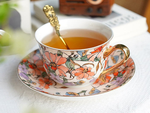 Elegant Ceramic Coffee Cups, Flower Porcelain Tea Cup Saucer Set, British Royal Ceramic Cups for Traditional Afternoon Tea, Unique Tea Cup and Saucer in Gift Box-Art Painting Canvas