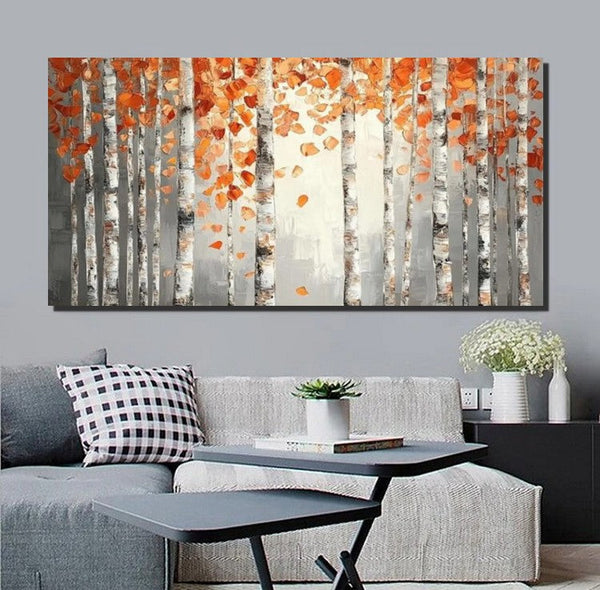 Large Wall Art for Bedroom, Modern Paintings for Living Room, Acrylic Painting on Canvas, Palette Knife Canvas Art, Autumn Birch Tree Painting, Original Canvas Art-Art Painting Canvas