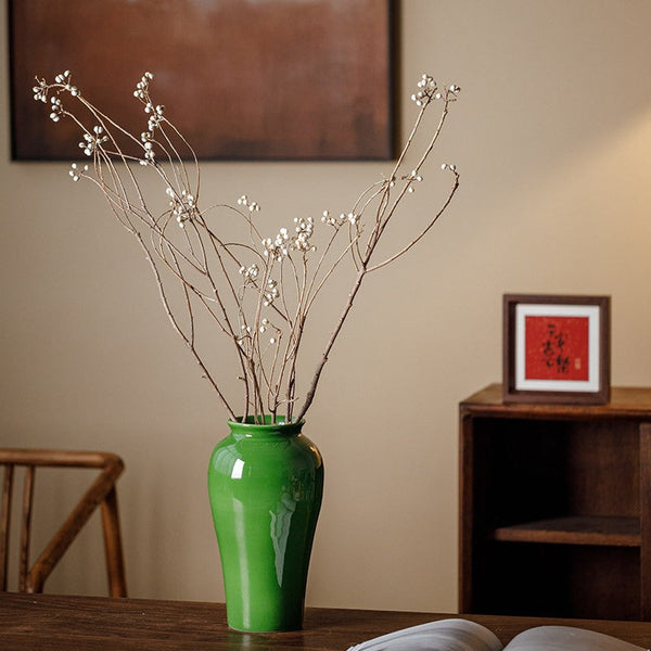 Vintage Flower Vases on Table, Handmade Water Holding Flower Vase, Centerpiece Ceramic Bud Vases, Green Porcelain Flower Vases-Art Painting Canvas