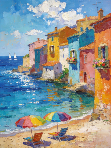 Buy Original Paintings, Seashore Town Harmony, Summer Resort, Original Landscape Art, Hand Painted Canvas Art, Small Paintings On Canvas, Heavy Texture Wall Art Paintings-Art Painting Canvas
