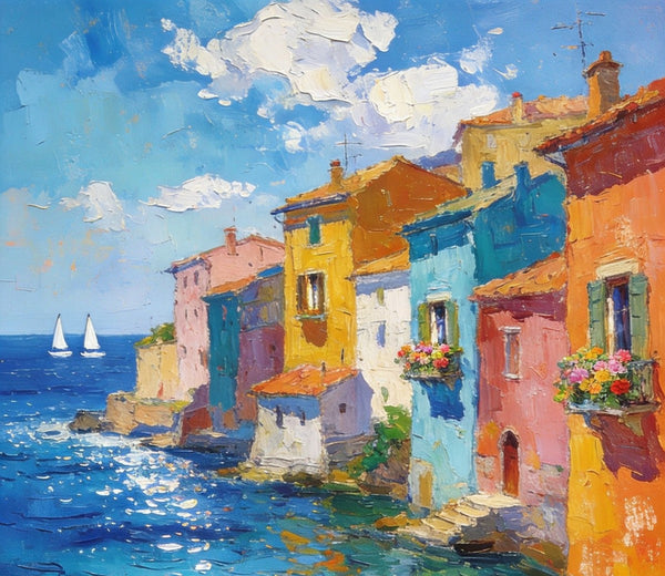 Buy Original Paintings, Seashore Town Harmony, Summer Resort, Original Landscape Art, Hand Painted Canvas Art, Small Paintings On Canvas, Heavy Texture Wall Art Paintings-Art Painting Canvas
