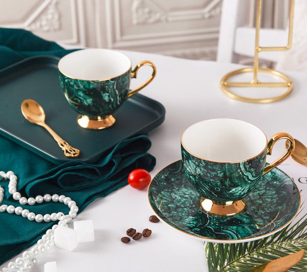 Beautiful British Green Tea Cups, Unique Porcelain Cup and Saucer, Royal Ceramic Coffee Cups, Creative Porcelain Tea Cup Set-Art Painting Canvas