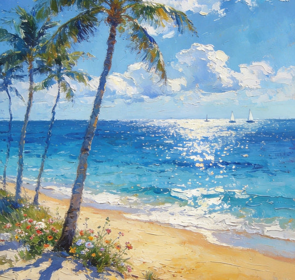 Heavy Texture Wall Art Paintings, Tropical Coastal Bliss, Beach Palm Tree Paintings, Hand Painted Canvas Art, Buy Paintings Online, Original Landscape Art, Small Paintings On Canvas-Art Painting Canvas