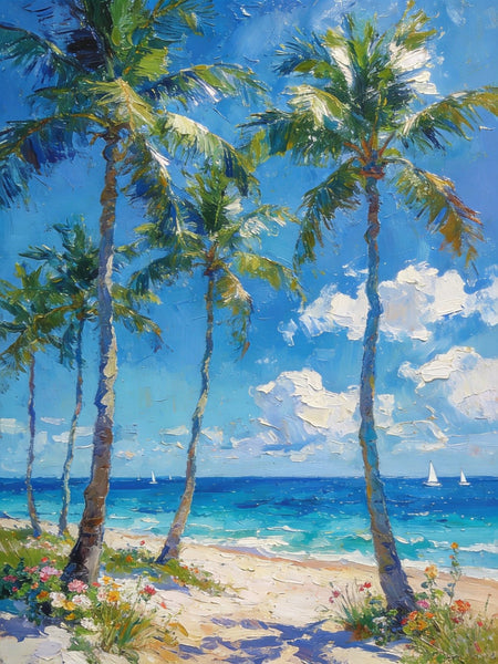 Beachside Haven, Palm Tree Seashore Paintings, Original Landscape Paintings, Canvas Paintings for Dining Room, Heavy Texture Artwork, Small Oil Paintings, Hand Painted Canvas Art-Art Painting Canvas