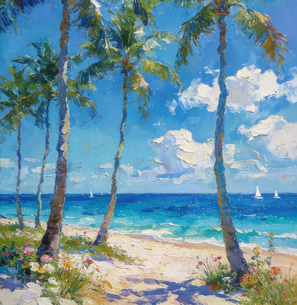 Beachside Haven, Palm Tree Seashore Paintings, Original Landscape Paintings, Canvas Paintings for Dining Room, Heavy Texture Artwork, Small Oil Paintings, Hand Painted Canvas Art-Art Painting Canvas
