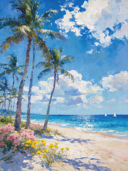 Original Landscape Paintings, Palm Fringed Beach, Summer Resort, Beach Paintings, Small Oil Paintings, Hand Painted Canvas Art, Buy Paintings Online, Canvas Paintings for Bedroom-Art Painting Canvas