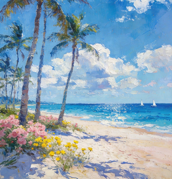 Original Landscape Paintings, Palm Fringed Beach, Summer Resort, Beach Paintings, Small Oil Paintings, Hand Painted Canvas Art, Buy Paintings Online, Canvas Paintings for Bedroom-Art Painting Canvas