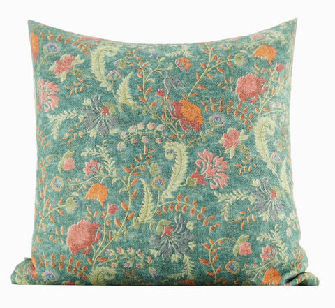 Garden Flowers Pattern Decorative Throw Pillows, Large Green Throw Pillow for Interior Design, Geomeric Contemporary Square Modern Throw Pillows for Couch-Art Painting Canvas
