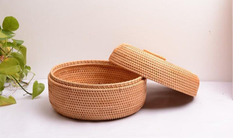 Rattan Basket, Storage Basket with Lid, Woven Basket for Kitchen, Storage Basket for Dining Room, Round Storage Basket-Art Painting Canvas