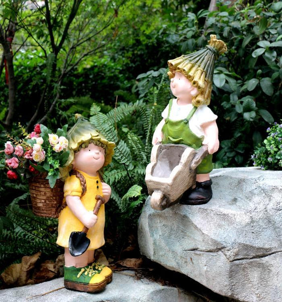 Large Boy Cart and Girl Carry Basket Statues, Flower Pot, Garden Courtyard Ornament, Gardening Ideas, House Warming Gift-Art Painting Canvas