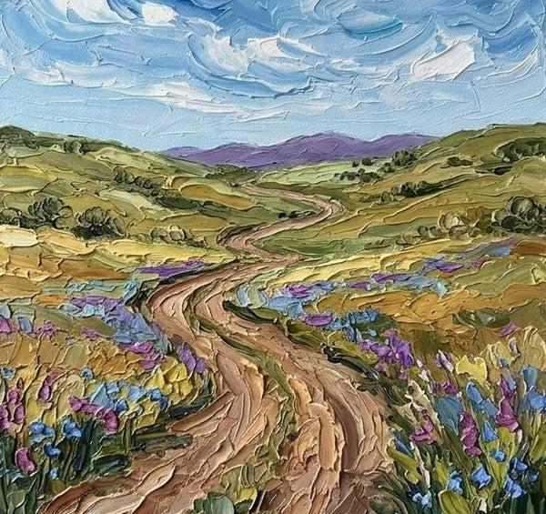 Winding Path Under Cloudy Sky, Original Oil Paintings for Sale, Original Landscape Paintings, Buy Small Paintings Online