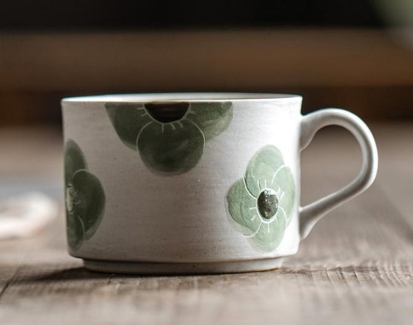 Cappuccino Coffee Cup, Spring Flower Coffee Cup, Rustic Tea Cup, Pottery Coffee Cups, Coffee Cup and Saucer Set-Art Painting Canvas