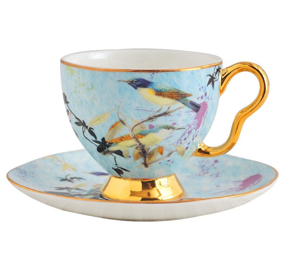 Elegant Ceramic Coffee Cups, Unique Bird Flower Tea Cups and Saucers in Gift Box as Birthday Gift, Beautiful British Tea Cups, Royal Bone China Porcelain Tea Cup Set-Art Painting Canvas