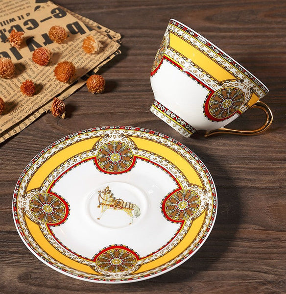 Handmade Beautiful British Tea Cups, Creative Porcelain Tea Cup Saucer Set, Yellow Royal Ceramic Coffee Cups, 6.8 oz Tea Cup and Saucer-Art Painting Canvas
