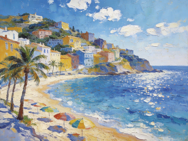 Hand Painted Canvas Art, Seaside Village Harmony, Small Oil Paintings, Heavy Texture Artwork, Landscape Canvas Paintings, Original Canvas Paintings-Art Painting Canvas