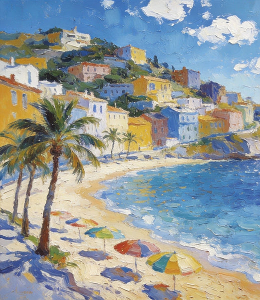 Hand Painted Canvas Art, Seaside Village Harmony, Small Oil Paintings, Heavy Texture Artwork, Landscape Canvas Paintings, Original Canvas Paintings-Art Painting Canvas