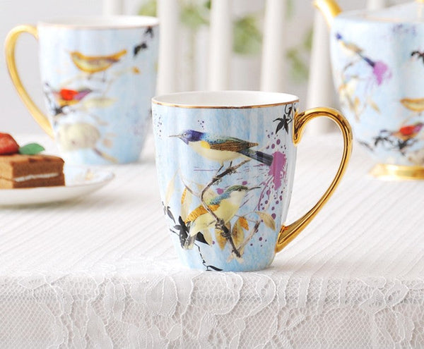 Large Creative Porcelain Mug, Elegant Blue Ceramic Coffee Mug, Beautiful Bird Flower Ceramic Mug, Large Capacity Ceramic Mugs for Office-Art Painting Canvas