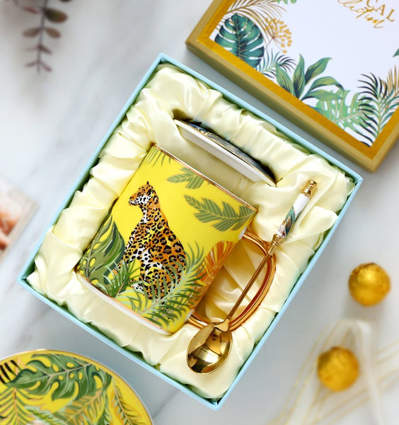Unique Ceramic Mugs in Gift Box, Creative Porcelain Cups, Large Capacity Jungle Animal Porcelain Mugs, Large Ceramic Mugs for Office-Art Painting Canvas