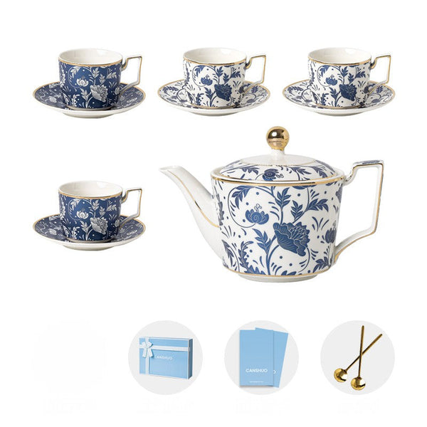 Unique British Traditional Afternoon Tea Cup Set with Teapot, 8 oz Ceramic Coffee Cup with Saucer Set of 4 cups in Gift Box, Blue Porcelain Tea Cup and Saucer Set-Art Painting Canvas