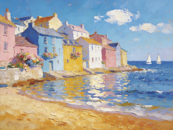 Landscape Canvas Paintings, Ocean Front Town Allure, Seashore Beach Paintings, Small Landscape Paintings on Canvas, Palette Knife Oil Paintings, Hand Painted Canvas Art, Original Oil Paintings-Art Painting Canvas