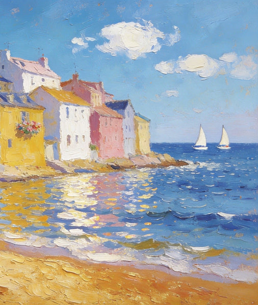 Landscape Canvas Paintings, Ocean Front Town Allure, Seashore Beach Paintings, Small Landscape Paintings on Canvas, Palette Knife Oil Paintings, Hand Painted Canvas Art, Original Oil Paintings-Art Painting Canvas