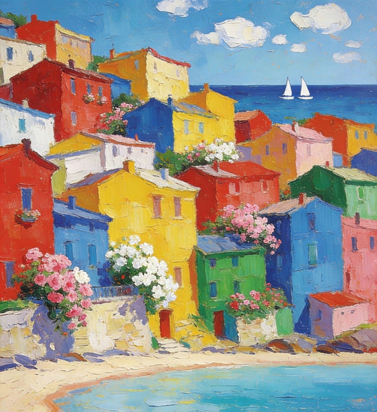 Heavy Texture Wall Art Paintings, Coastal Town Blissful Scene, Small Paintings On Canvas, Hand Painted Canvas Art, Original Landscape Art, Buy Original Paintings-Art Painting Canvas