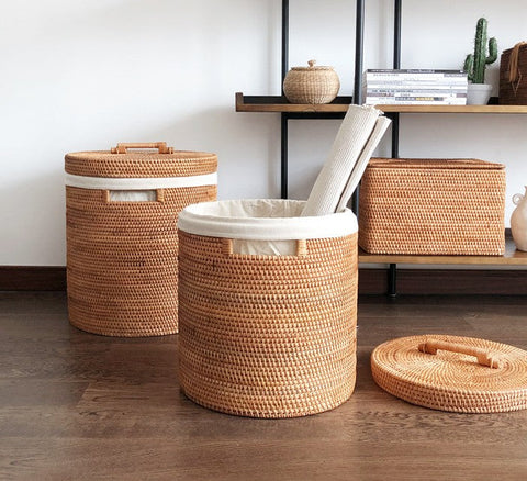 Large Laundry Storage Basket with Lid, Large Rattan Storage Basket for Bathroom, Woven Round Storage Basket for Clothes-Art Painting Canvas