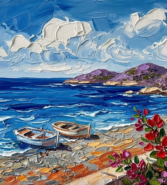 Small Canvas Artwork for Sale, Moored Boats in the Sunny Bay, Original Seascape Paintings, Original Oil Paintings