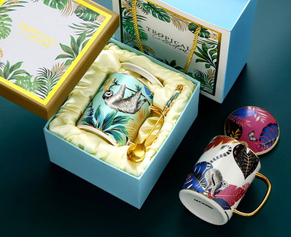 Unique Ceramic Mugs in Gift Box, Creative Porcelain Cups, Large Capacity Jungle Animal Porcelain Mugs, Large Ceramic Mugs for Office-Art Painting Canvas