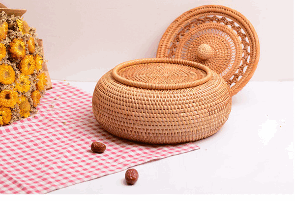 Woven Storage Basket with Lid, Rattan Round Storage Basket, Storage Basket for Kitchen, Picnic Storage Basket-Art Painting Canvas