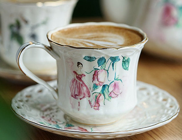 Elegant British Tea Cups, Beautiful Porcelain Tea Cup Saucer Set, Traditional English Tea Cup and Saucer, Unique Ceramic Coffee Cups-Art Painting Canvas