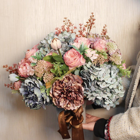 Unique Artificial Floral Arrangement for Dining Room, Large Bunch of Autumn Flowers Arrangement Interior Design, Peony Faux Silk Floral Bouquet Table Centerpiece-Art Painting Canvas