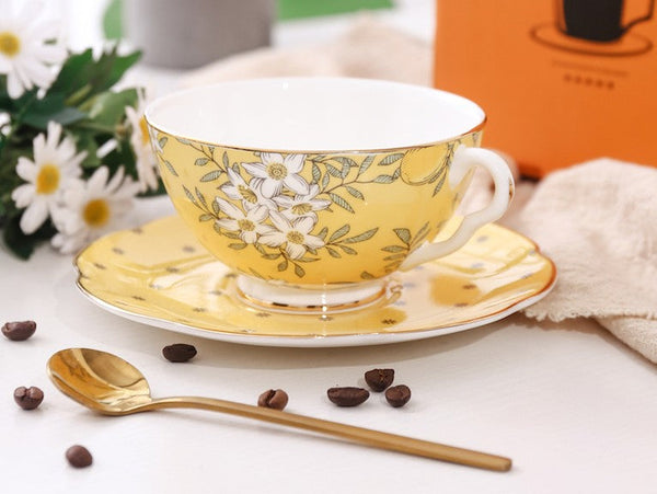 Creative Yellow Ceramic Coffee Cups, Unique Flower Coffee Cup and Saucer, Beautiful British Tea Cups, Creative Porcelain Tea Cup Set-Art Painting Canvas