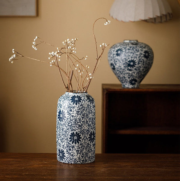 Vintage Bouquet Flower Vases, Centerpiece on Dining Table, Large Blue Flower Vase on Table, Handmade Porcelain Flower Vases Urn, Water Holding Flower Vases-Art Painting Canvas