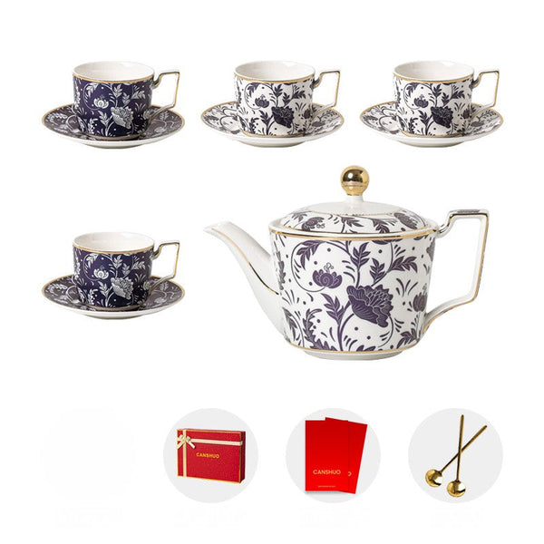 Porcelain Tea Cup and Saucer Set of 4 cups, 8 oz British Traditional Afternoon Tea Cup Set with Teapot, Ceramic Coffee Cup with Saucer in Gift Box-Art Painting Canvas