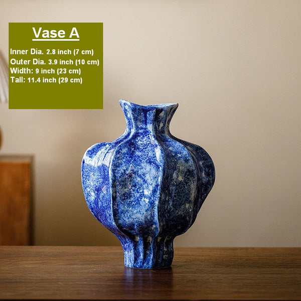 Modern Pottery Flower Vases, Handmade Water Holding Flower Vases, Centerpiece on Dining Table, Blue Ceramic Bud Vases, Tall Flower Vases on Table-Art Painting Canvas