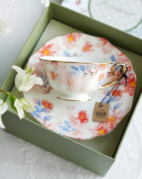 Flower Porcelain Tea Cup Saucer Set, Unique Tea Cup and Saucer in Gift Box,British Royal Ceramic Cups for Traditional Afternoon Tea, Elegant Ceramic Coffee Cups-Art Painting Canvas