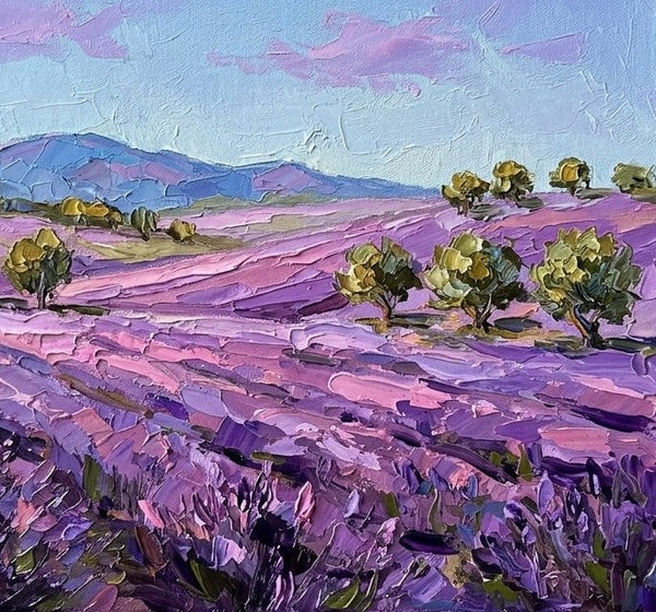 Impasto Paintings, Summer Lavender Hills Under Soft Sky, Heavy Texture Art, Original Landscape Paintings, Small Canvas Wall Art Paintings