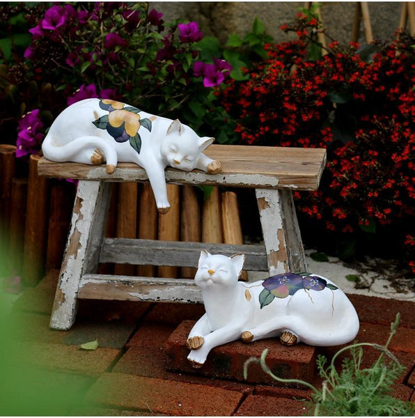 Lovely Cat Statue for Garden Ornament, Sleeping Cats Resin Statues, Garden Courtyard Decoration, Villa Outdoor Decor Gardening Ideas, House Warming Gift-Art Painting Canvas