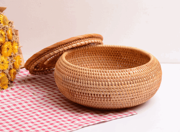 Woven Storage Basket with Lid, Rattan Round Storage Basket, Storage Basket for Kitchen, Picnic Storage Basket-Art Painting Canvas