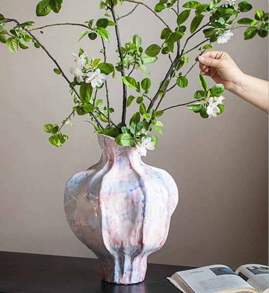 Handmade Modern Flower Vase, Centerpiece Ceramic Bouquet Vases, Large Contemporary Vases on Dining Table, Porcelain Vases for Modern Home Decor-Art Painting Canvas