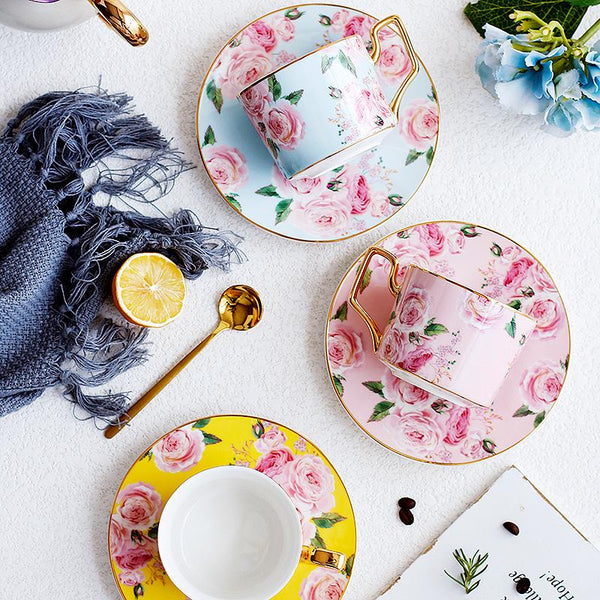 Blue Coffee Cups with Gold Trim and Gift Box, British Tea Cups, Porcelain Coffee Cups, Rose Flower Tea Cups and Saucers, Latte Coffee Cups-Art Painting Canvas