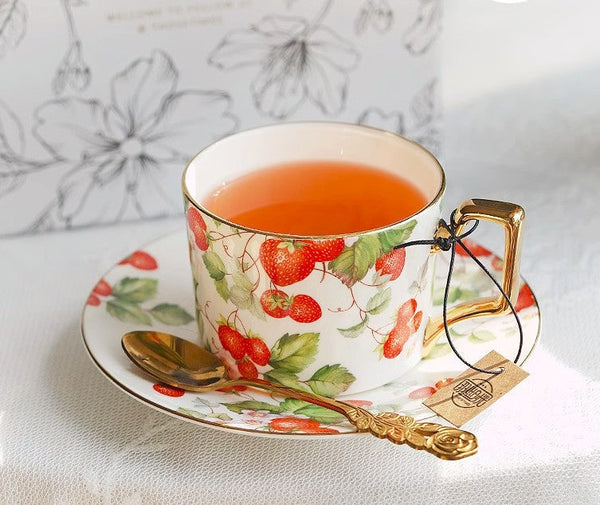 Strawberry Bone China Porcelain Tea Cup Set, Elegant Ceramic Coffee Cups, British Royal Ceramic Cups for Afternoon Tea, Unique Blue Tea Cup and Saucer in Gift Box-Art Painting Canvas