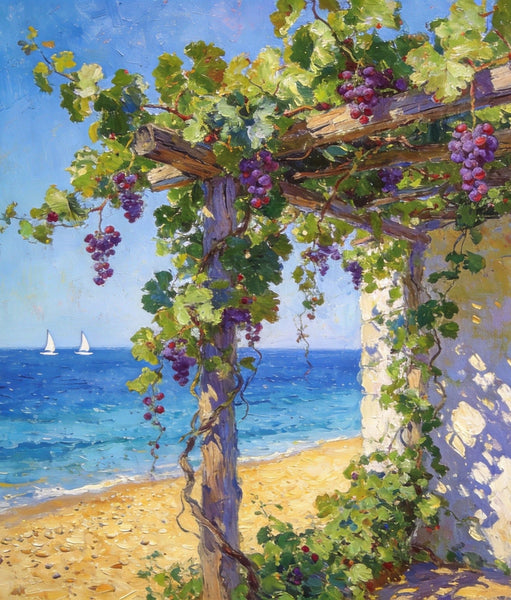 Hand Painted Canvas Art, Summer Glow on the Vine-Covered Terrace, Original Oil Paintings, Seashore Beach Paintings
