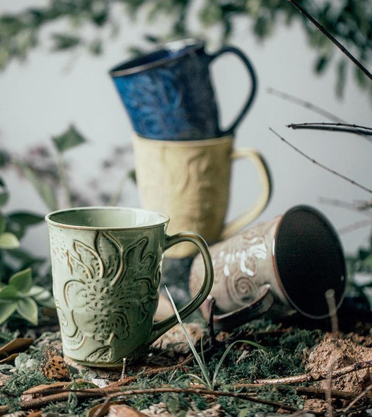Green Ceramic Coffee Mug, Birthday Gifts, Stoneware Coffee Mugs, Handmade Pottery Coffee Mug, Large Capacity Coffee Cups-Art Painting Canvas