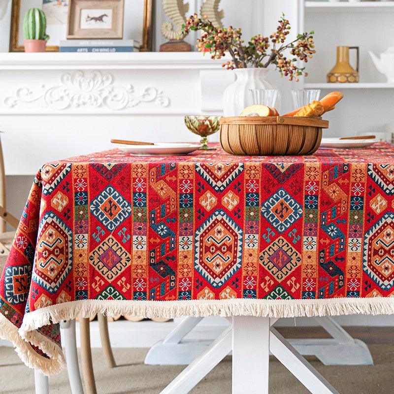 Oriental Red Rectangular Table Covers for Coffee Table, Bohemian Rectangular Tablecloth for Oval Table, Large Modern Linen Tablecloths-Art Painting Canvas