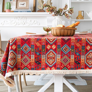 Oriental Red Rectangular Table Covers for Coffee Table, Bohemian Rectangular Tablecloth for Oval Table, Large Modern Linen Tablecloths-Art Painting Canvas