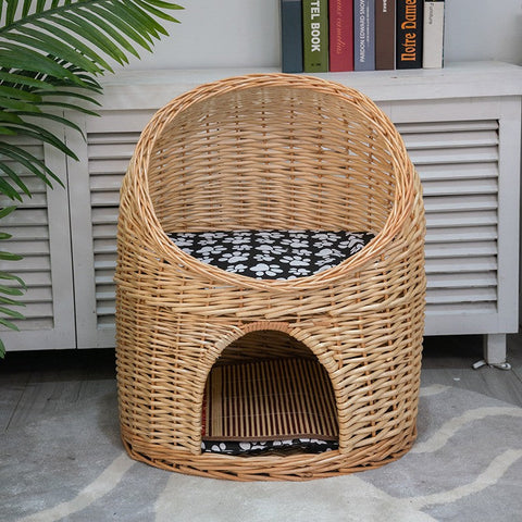 Large Cat House Basket with Washable Cushion for Indoor Cats and Dogs, Double-Layer Cat Bed-Art Painting Canvas